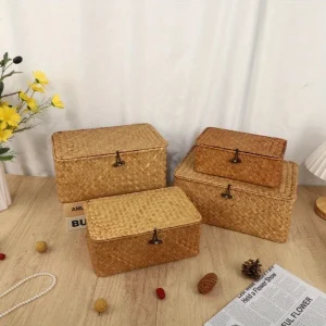 Handvävd stråkorg i vintagestil med lock – rektangulär förvaringskorg