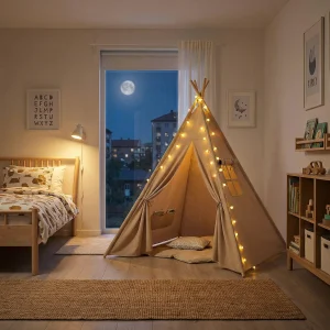 Hopfällbart teepee-tält för lek och övernattning – inomhus och utomhus, med fyra trästänger