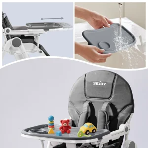 Barnstol med 5-punktssele och justerbar bricka i 3 lägen, 360° hjul och hopfällbar – CE/CPC-certifierad