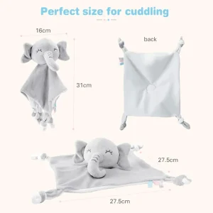 Babyleksak: Elefant i plysch med tandring, skallra och mjuk filt – gosedjur 0–12 månader