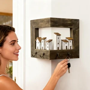 Väggnyckelhållare i bambu med fyra krokar – dekorativ väggmonterad nyckelförvaring