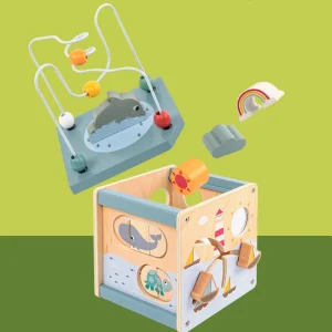 Träaktivitetskub för småbarn 5-i-1 – djurformsorterare med pärl-labyrint och Montessori-inspirerade lärleksaker