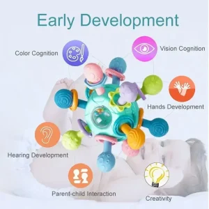 Silikonteether Babyleksak 0–36 månader – Roterande rasselboll för grepp och sensorik