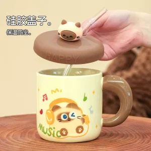 Keramikmugg med siamesisk katt, lock och sugrör – gullig presentmugg