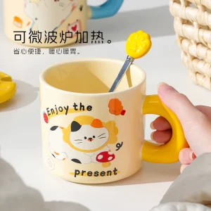 Kattemugg i keramik med lock och sked för hem, kontor och present