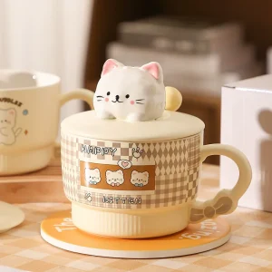 Keramikfrukostkopp med kattmotiv och lock, 550 ml – för studenthemmet