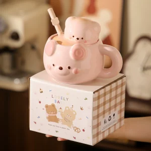 3D-björnmugg med handtag för par och present – finns med lock och sugrör