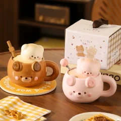 3D-björnmugg med handtag för par och present – finns med lock och sugrör