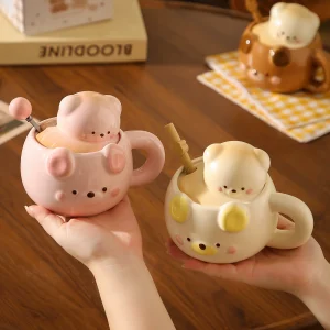 3D-björnmugg med handtag för par och present – finns med lock och sugrör