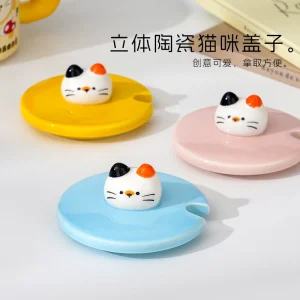 Kattemugg i keramik med lock och sked för hem, kontor och present