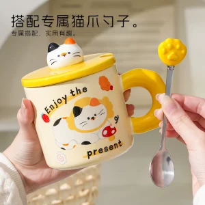 Kattemugg i keramik med lock och sked för hem, kontor och present