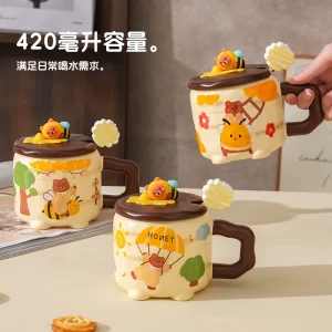 Keramikmugg med björnmotiv – 440 ml med lock och sked