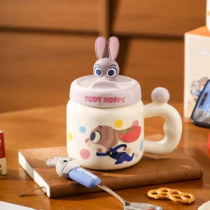 Zootopia-inspirerad keramikmugg för par – 580 ml med koppock och mobilhållarlock