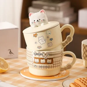 Keramikfrukostkopp med kattmotiv och lock, 550 ml – för studenthemmet