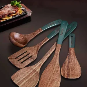 Naturlig träspatelset för non-stick panna, värmetåligt köksset