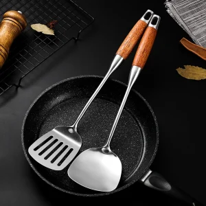 Stekspade i 304 rostfritt stål med handtag i rosenträ