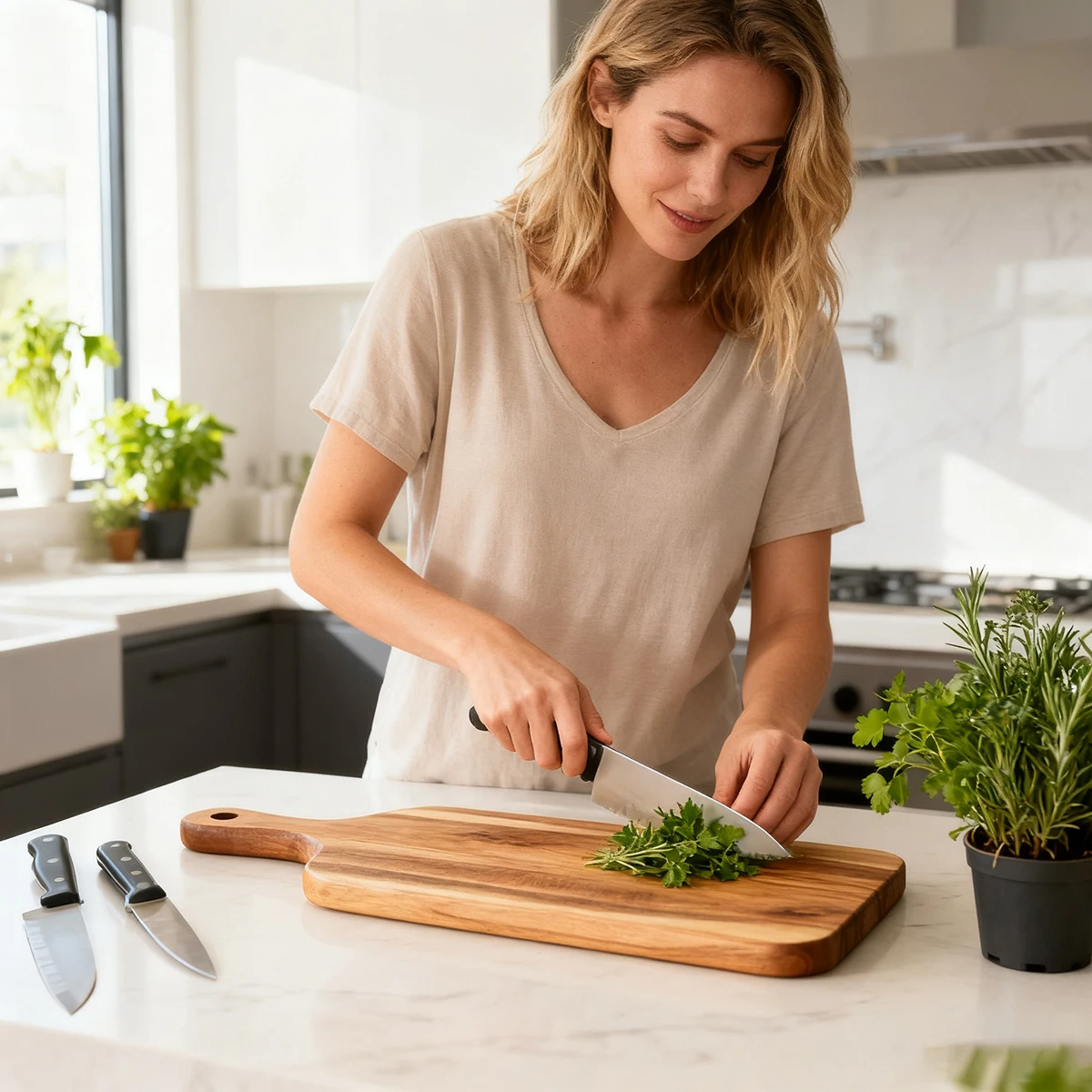 Träskärbräda i acacia med handtag – skärbräda och serveringsbräda 5 Träskärbräda i acacia med handtag – skärbräda och serveringsbräda - Bild 5