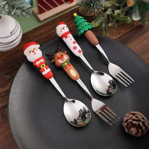 Julbestickset med tomte och snögubbe – dessertsked, gaffel och kniv