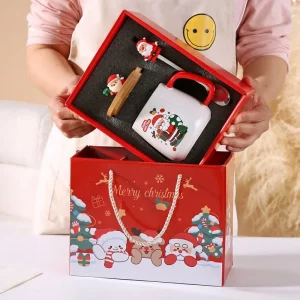 Julfestlig keramikkopp med lock, sked och presentbox 400 ml