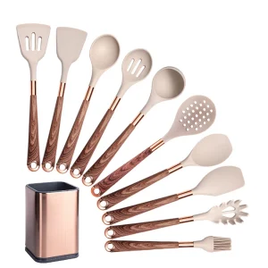 Silikonköksredskap med värmetåliga, non-stick handtag i roséguld