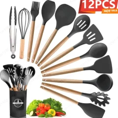 Silikon köksredskapsset med trähandtag, non-stick, 12 delar