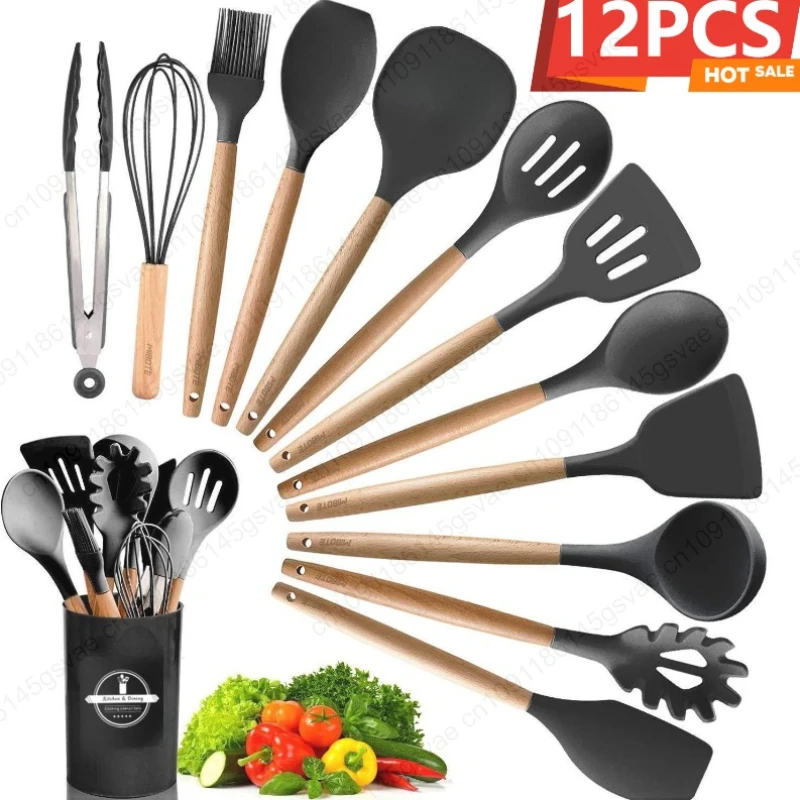 Silikon köksredskapsset med trähandtag, non-stick, 12 delar 1 Silikon köksredskapsset med trähandtag, non-stick, 12 delar