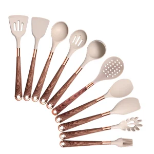 Köksredskapsset i silikon med värmetåliga roséguldhandtag