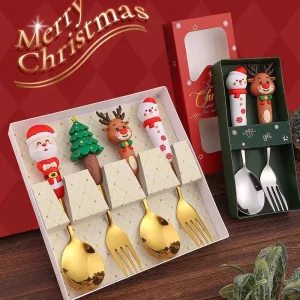 Julbestickset med tomte och snögubbe – dessertsked, gaffel och kniv