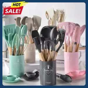 12-delars silikonköksredskapsset med trähandtag, non-stick