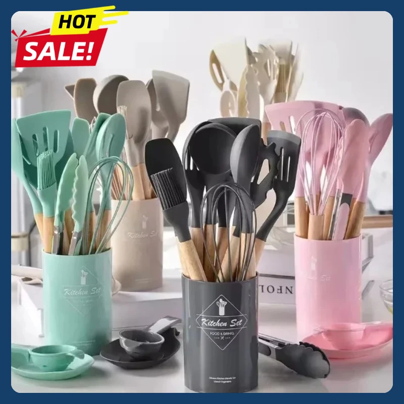 12-delars silikonköksredskapsset med trähandtag, non-stick 1 12-delars silikonköksredskapsset med trähandtag, non-stick