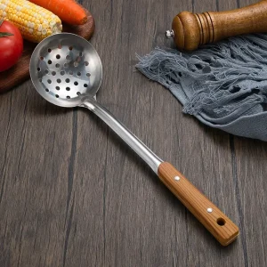 Köksredskap i rostfritt stål med träliknande handtag, 5 varianter