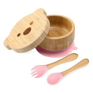 Bambu barnservis med tallrik, skål, mugg, sked och gaffel