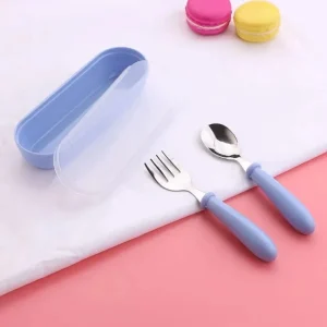 Barnbestickset i rostfritt stål med sked och gaffel, kartondesign