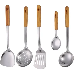 Slevar och stekspade i rostfritt stål med trähandtag för kök och bakning 16 Slevar och stekspade i rostfritt stål med trähandtag för kök och bakning
