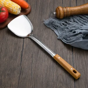 Köksredskap i rostfritt stål med träliknande handtag, 5 varianter
