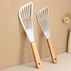 Stekspade i rostfritt stål för fisk med trähandtag, fläktformad