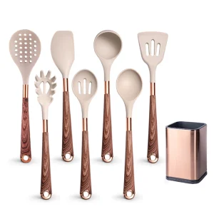 Silikonköksredskap med värmetåliga, non-stick handtag i roséguld