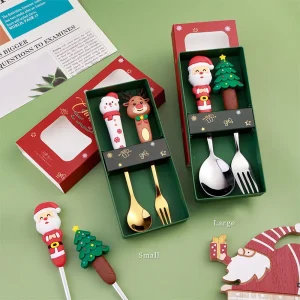 Julbestickset med tomte och snögubbe – dessertsked, gaffel och kniv