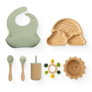 Bambu dinosaurie matset för bebis med silikontallrik och träsked 25 Bambu dinosaurie matset för bebis med silikontallrik och träsked