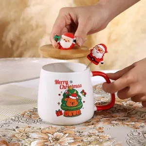 Julfestlig keramikkopp med lock, sked och presentbox 400 ml
