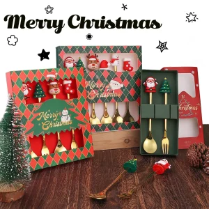 Julpresent bestickset med tomtefigur – sked och gaffel i rostfritt stål