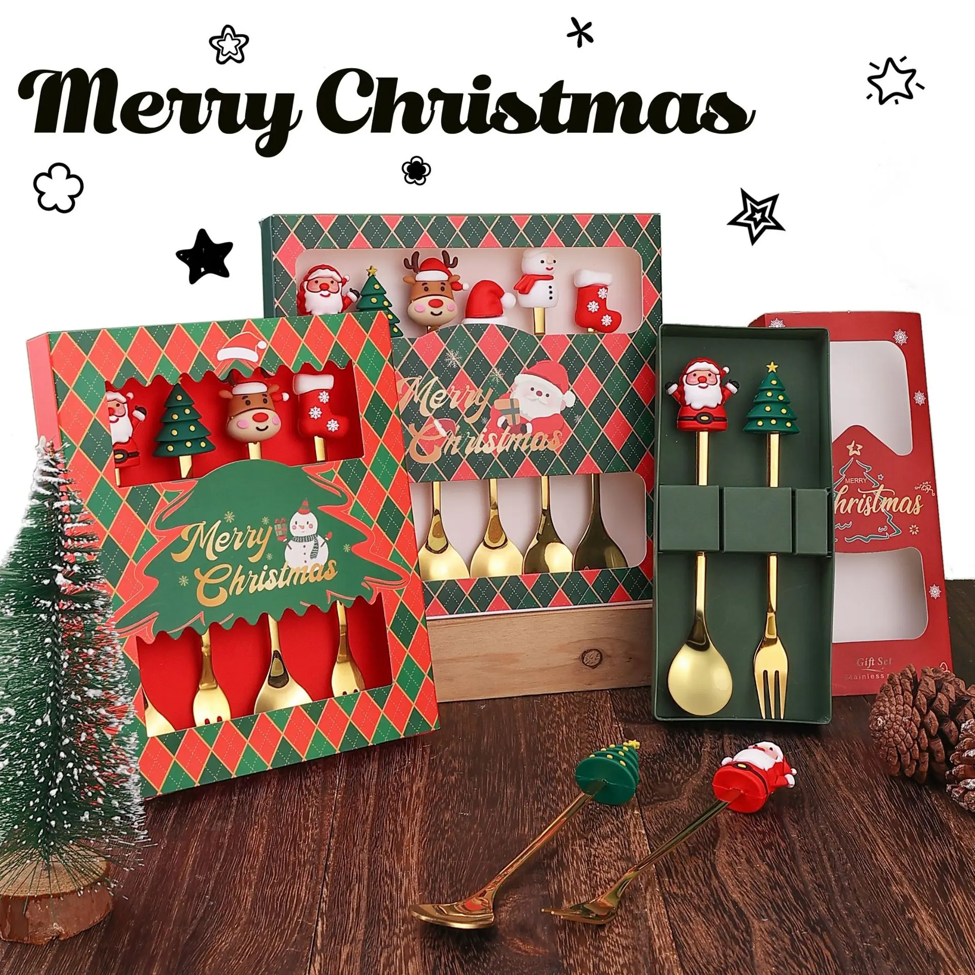 Julpresent bestickset med tomtefigur – sked och gaffel i rostfritt stål 1 Julpresent bestickset med tomtefigur – sked och gaffel i rostfritt stål