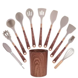 Kökstillbehör i silikon med träkorn 11-delars set, non-stick