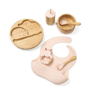 Bambu barnservis med tallrik, skål, mugg, sked och gaffel