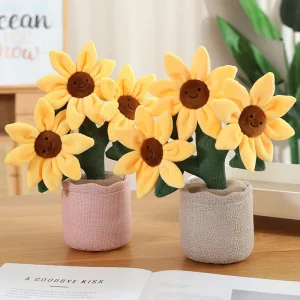 Solros- och blomsterbukett i kruka, mjuk plyschfigur 30 cm