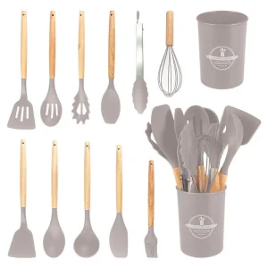 Silikon köksredskapset med trähandtag, non-stick, 12 delar