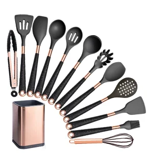 Silikonköksredskap med värmetåliga, non-stick handtag i roséguld
