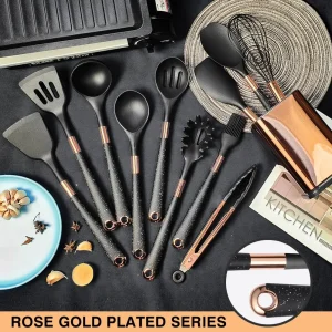 Silikonköksredskap med värmetåliga, non-stick handtag i roséguld