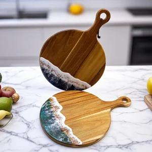 Vågformad skärbräda i resin och akaciaträ, rund serveringsbräda