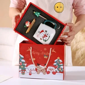 Julfestlig keramikkopp med lock, sked och presentbox 400 ml